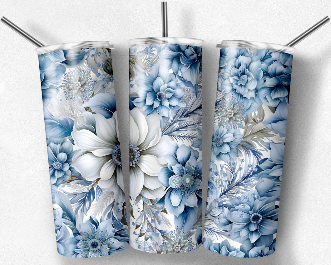 Silver and Blue Winter Floral Tumbler